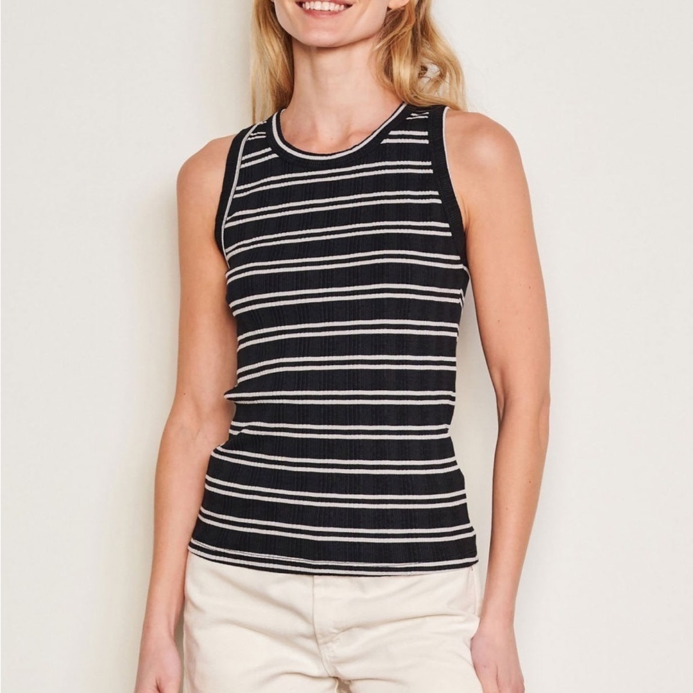 Sundry Variegated Rib Stripe High Crew Neck Tank Top Deep Navy Blue Size Large